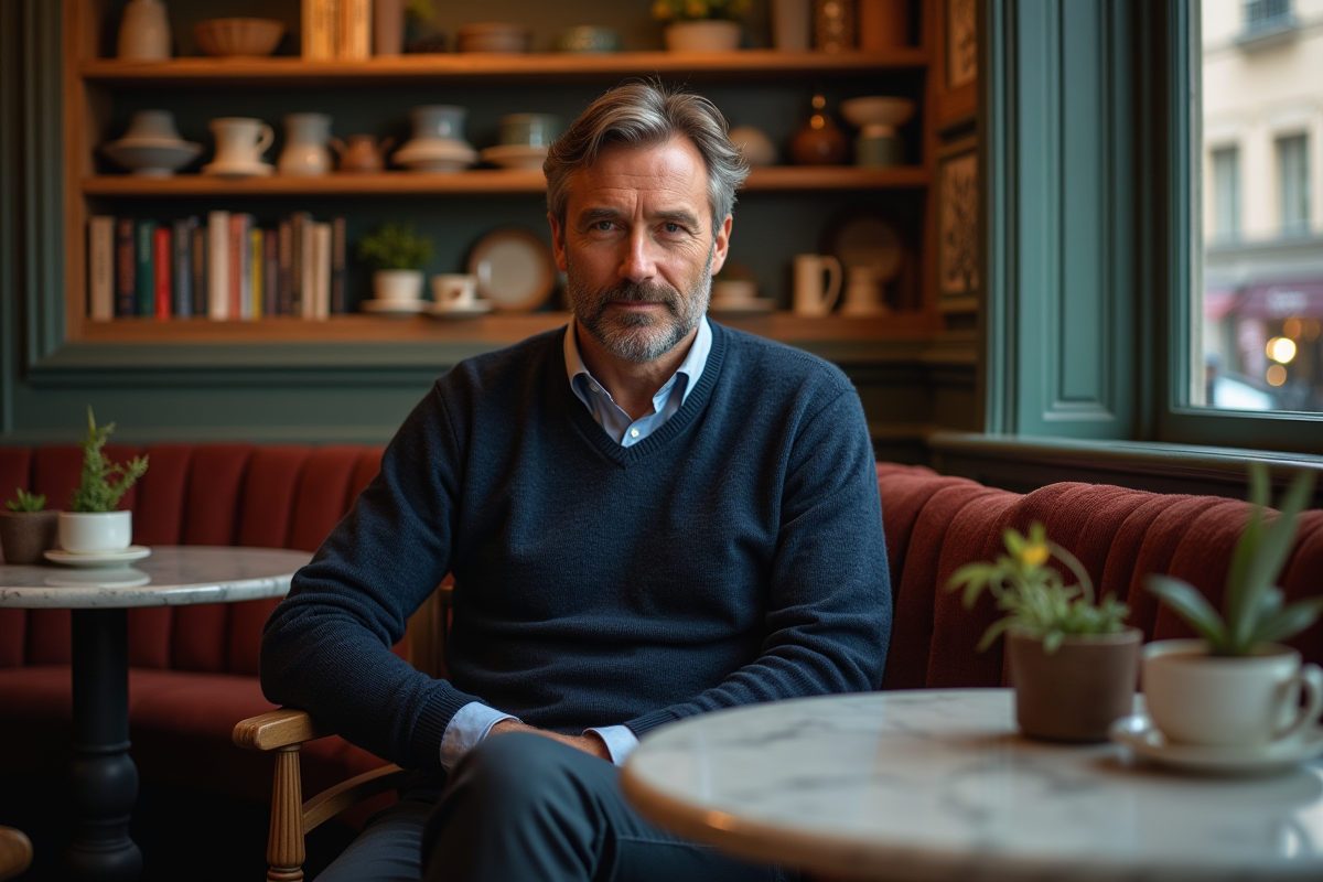 Acteur assis dans un café parisien avec pull en laine