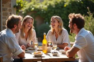 Groupe d'amis autour d'une table en terrasse en été