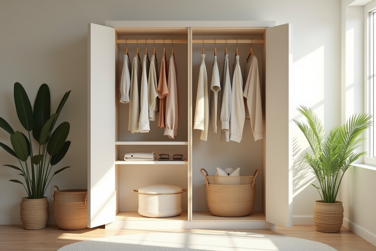Armoire minimaliste avec vêtements durables et plantes