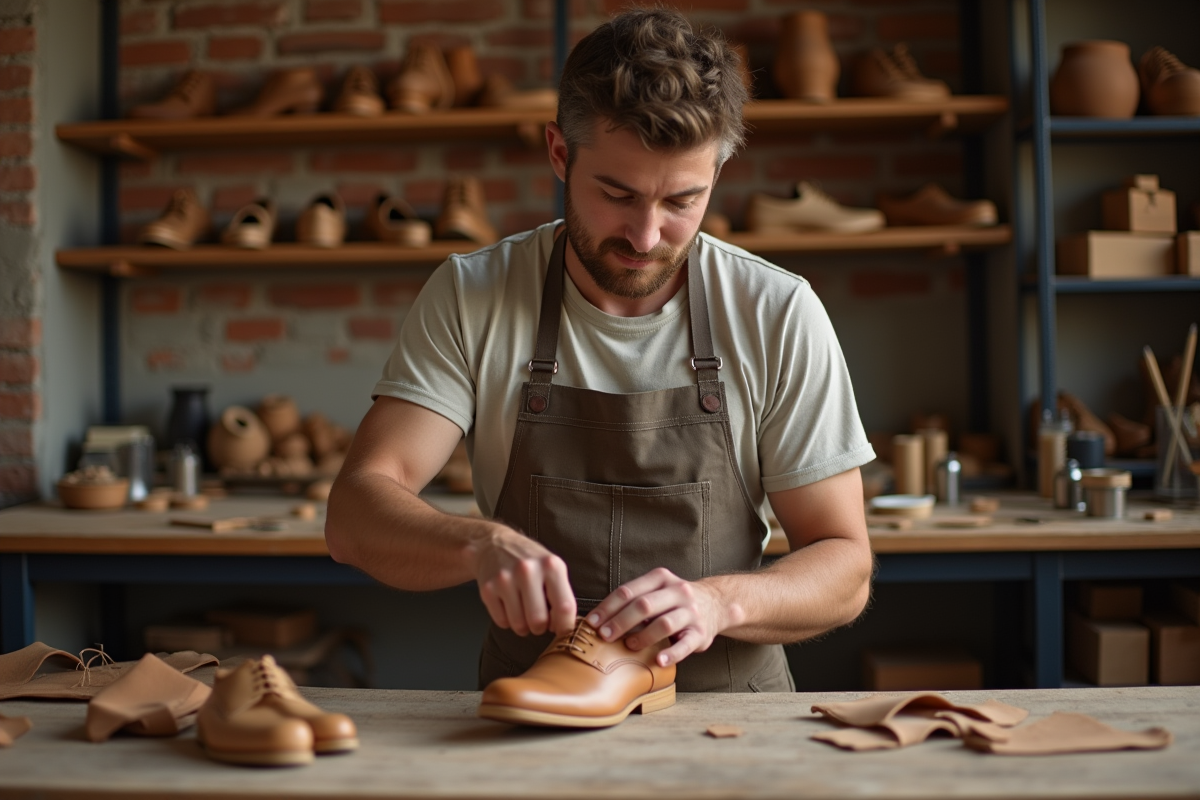 Jeune artisan assemblant une semelle de chaussure dans son atelier