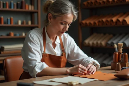 Artisane femme cousant un sac de luxe en cuir