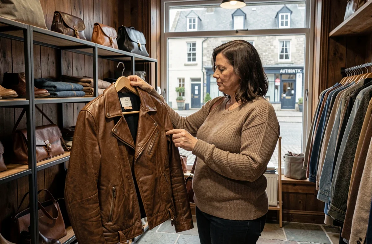 Femme grande taille examinant une veste en cuir dans la boutique Authentic à Cherbourg-en-Cotentin