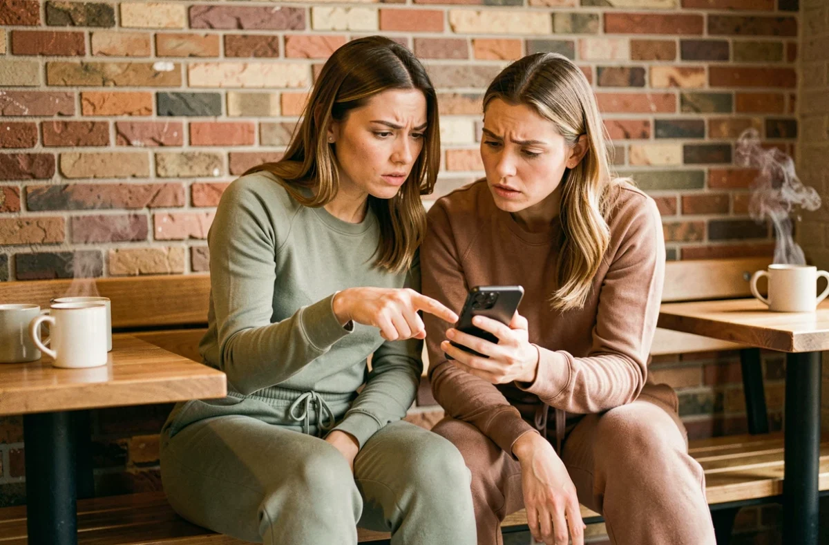 Deux femmes analysant des avis et photos en ligne sur la marque Halara dans un café