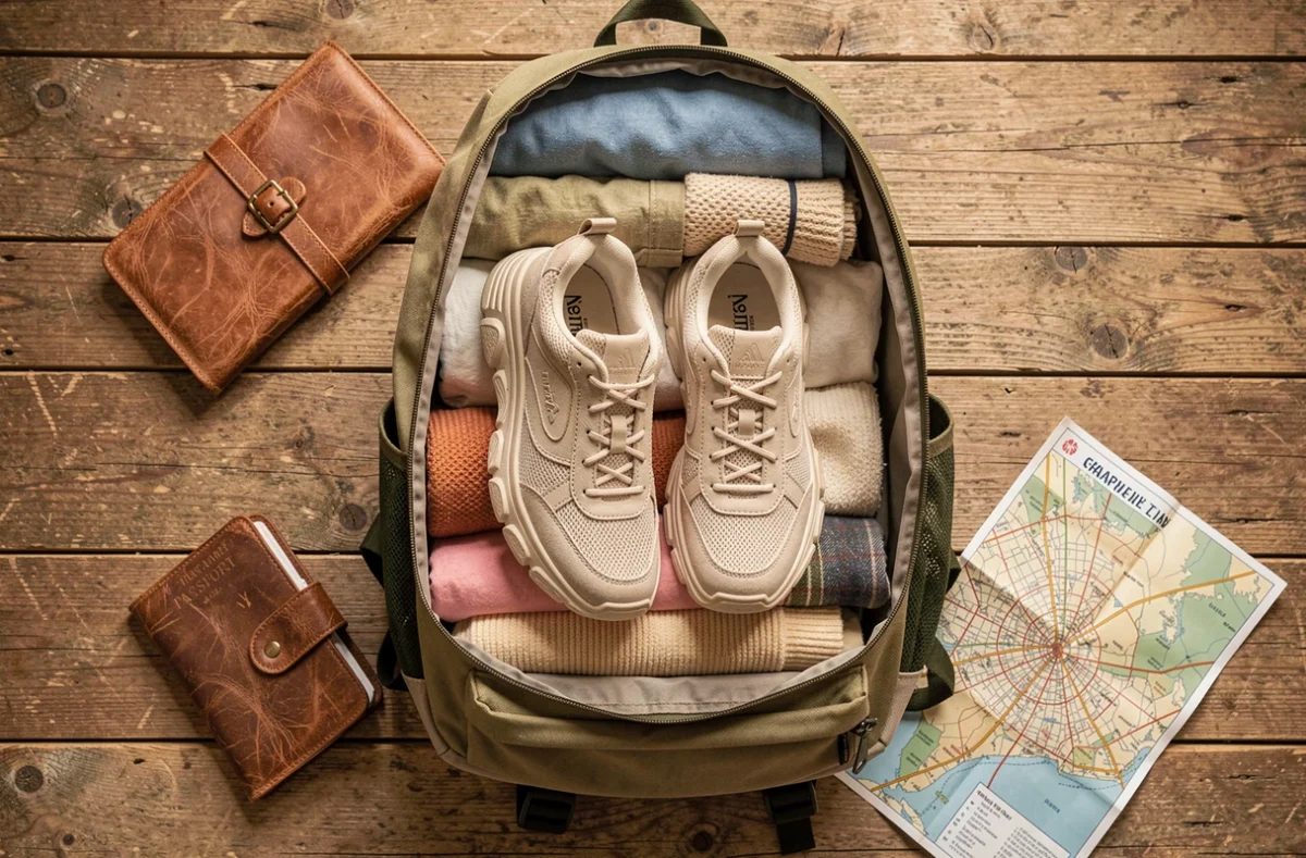 Basket confortable à semelle épaisse posée sur un sac à dos de voyage ouvert avec accessoires de voyage
