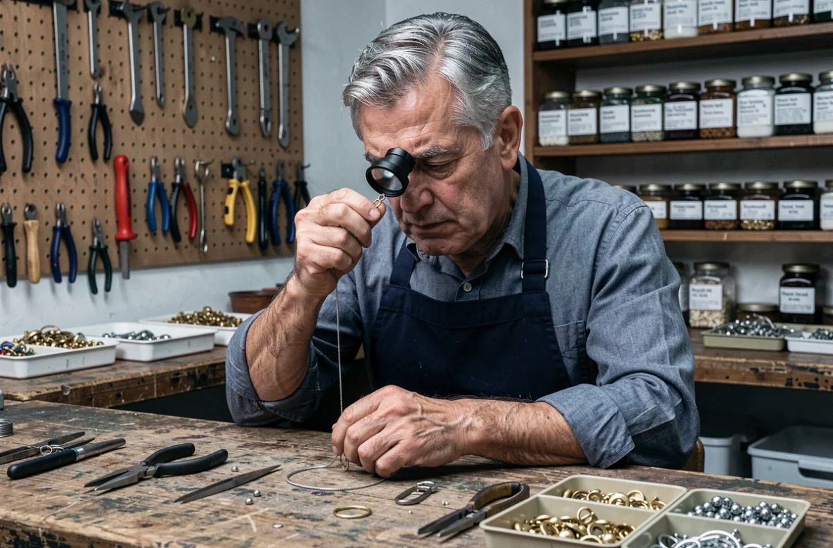 Bijoutier expérimenté inspectant un système de fermoir de collier à la loupe dans son atelier de joaillerie