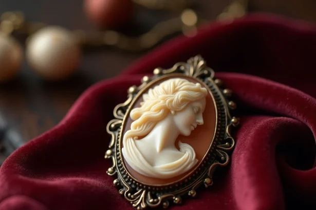 Broche camée antique en ivoire avec profil féminin gravé posée sur velours bordeaux