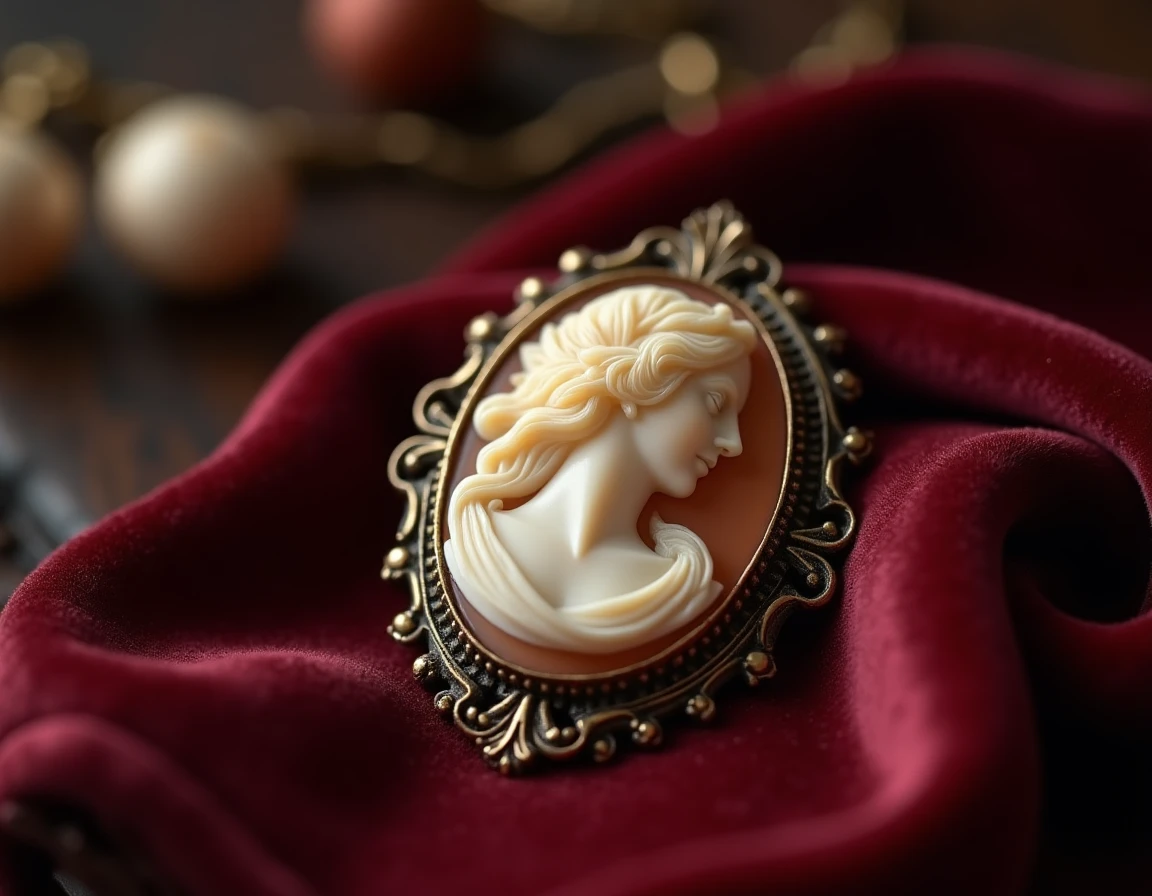 Broche camée antique en ivoire avec profil féminin gravé posée sur velours bordeaux