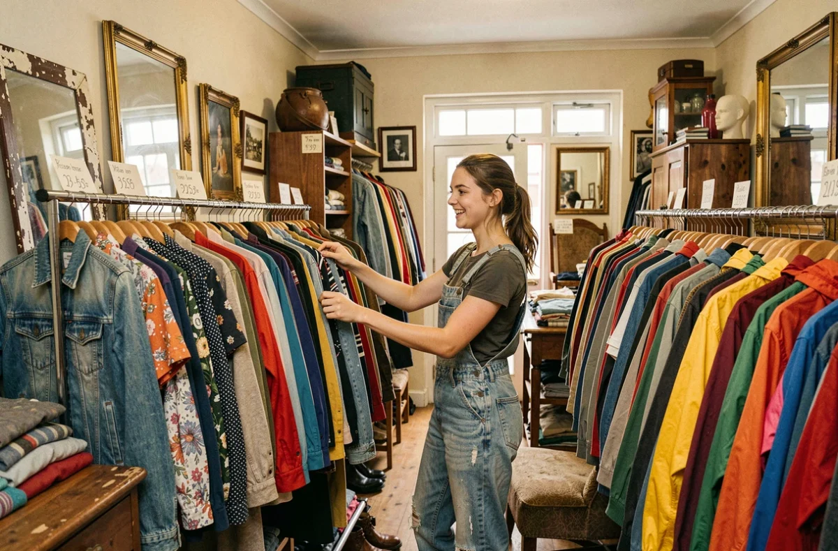 Bisca Fripes à Biscarrosse, friperie vintage avec portants denses de vêtements rétro et décor chiné authentique.