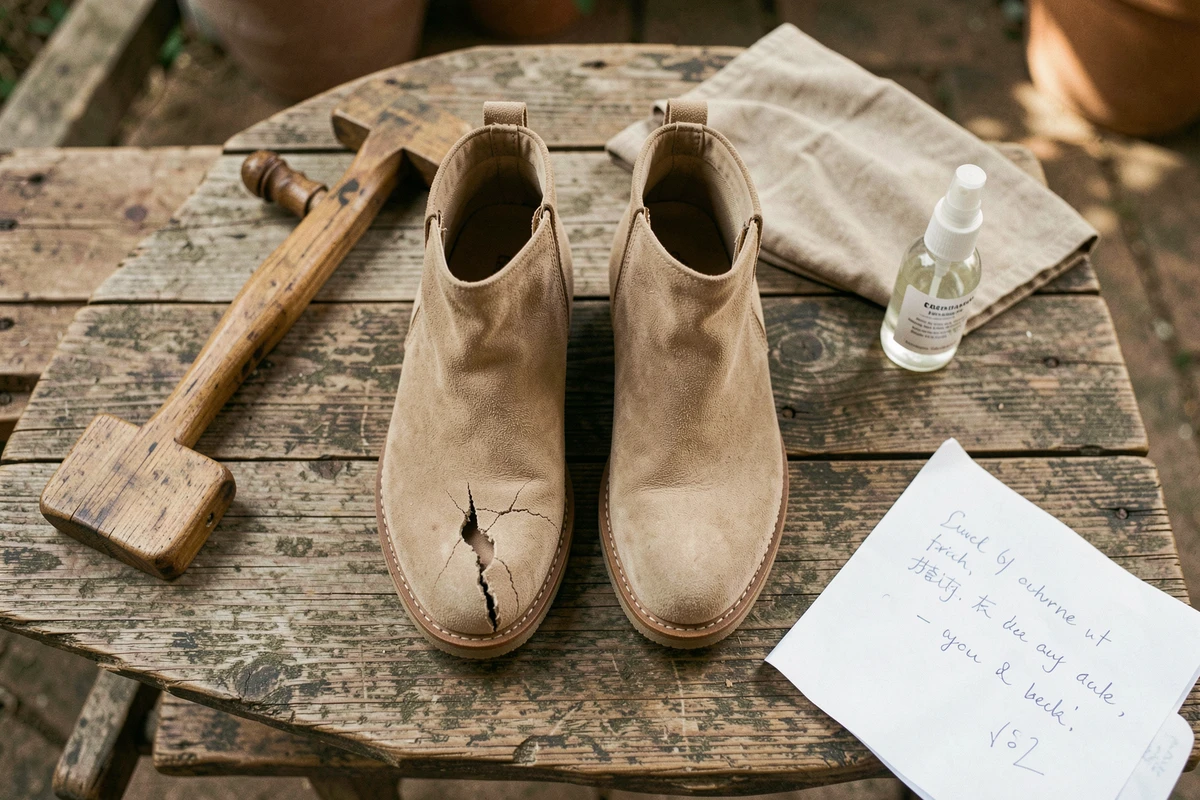 Vue de dessus de bottines en daim abîmées par un mauvais élargissement entourées d'accessoires de cordonnerie maison