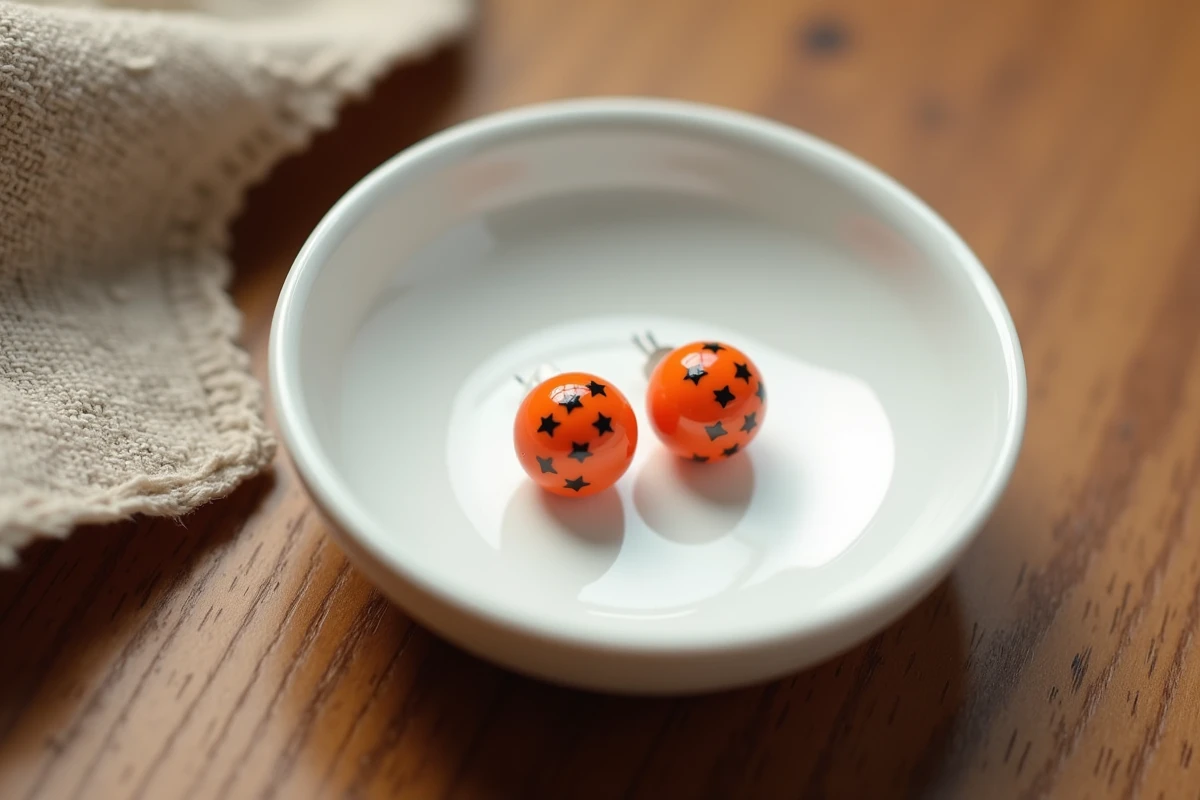 Boucles d'oreilles Dragon Ball posées sur une coupelle en céramique blanche pour l'entretien et le rangement