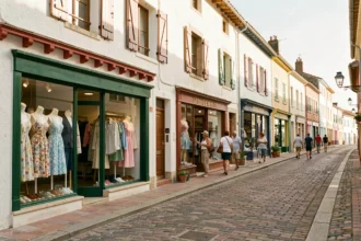 Rue commerçante avec boutiques de vêtements indépendantes dans une ville des Landes, vitrines colorées et ambiance balnéaire.