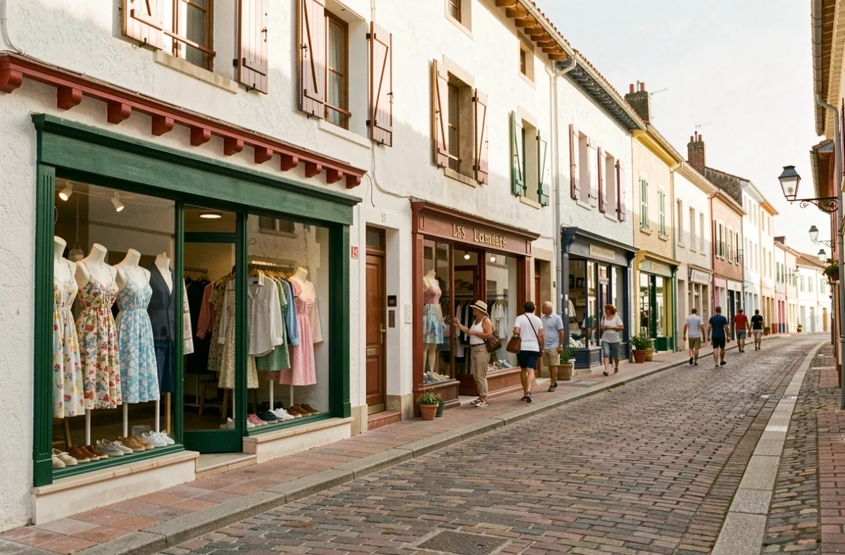 Rue commerçante avec boutiques de vêtements indépendantes dans une ville des Landes, vitrines colorées et ambiance balnéaire.