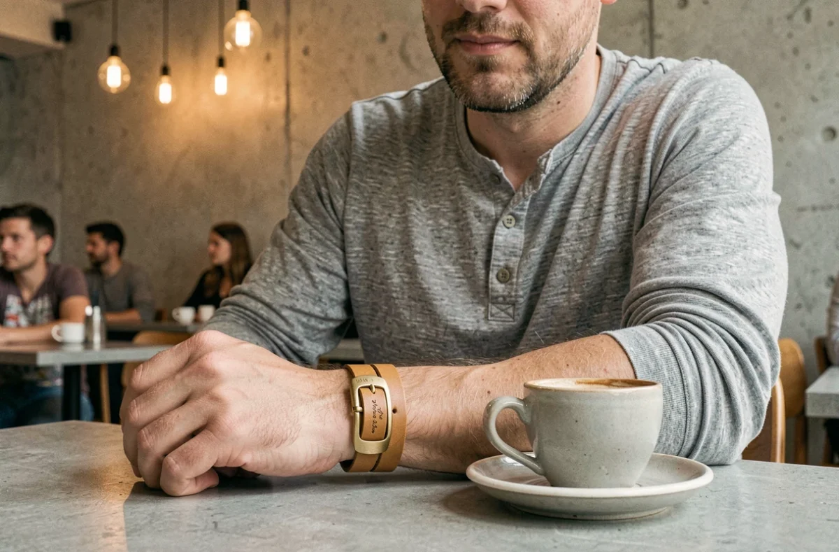Bracelet en cuir camel double tour avec boucle gravée porté par un homme attablé dans un café urbain contemporain