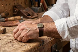 Bracelet en cuir marron personnalisé porté par un homme avec chemise en lin blanche dans un atelier artisanal