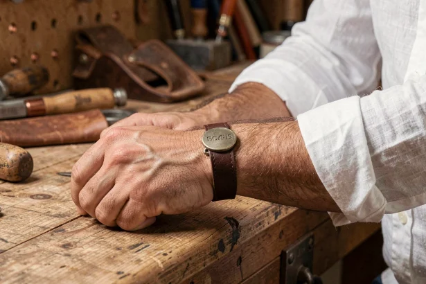 Bracelet en cuir marron personnalisé porté par un homme avec chemise en lin blanche dans un atelier artisanal