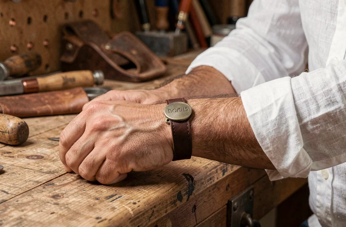 Bracelet en cuir marron personnalisé porté par un homme avec chemise en lin blanche dans un atelier artisanal