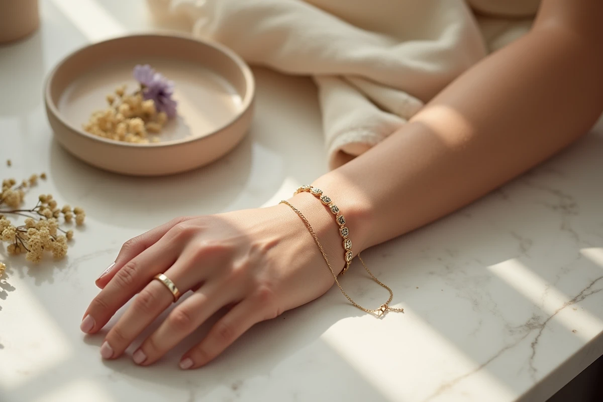 Bracelet fin en or jaune 18 carats posé sur un plan en marbre blanc avec des fleurs séchées, vue macro élégante