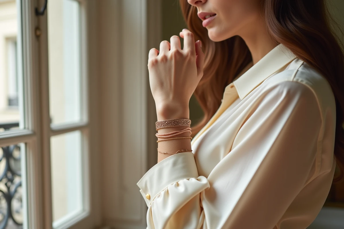 Femme portant un trio de bracelets empilés en or rose dans un appartement parisien, style éditorial mode 2026