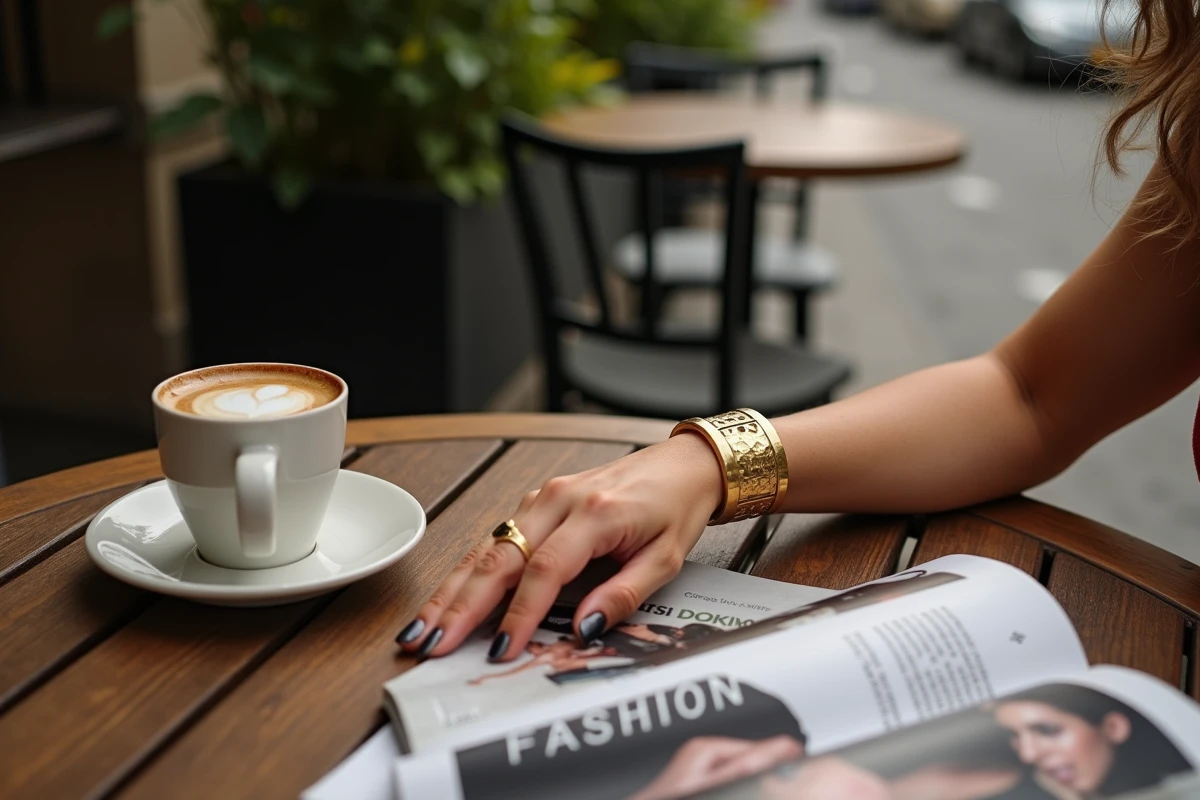 Bracelet manchette large en or jaune martelé porté en terrasse de café parisien avec un expresso, style lifestyle urbain