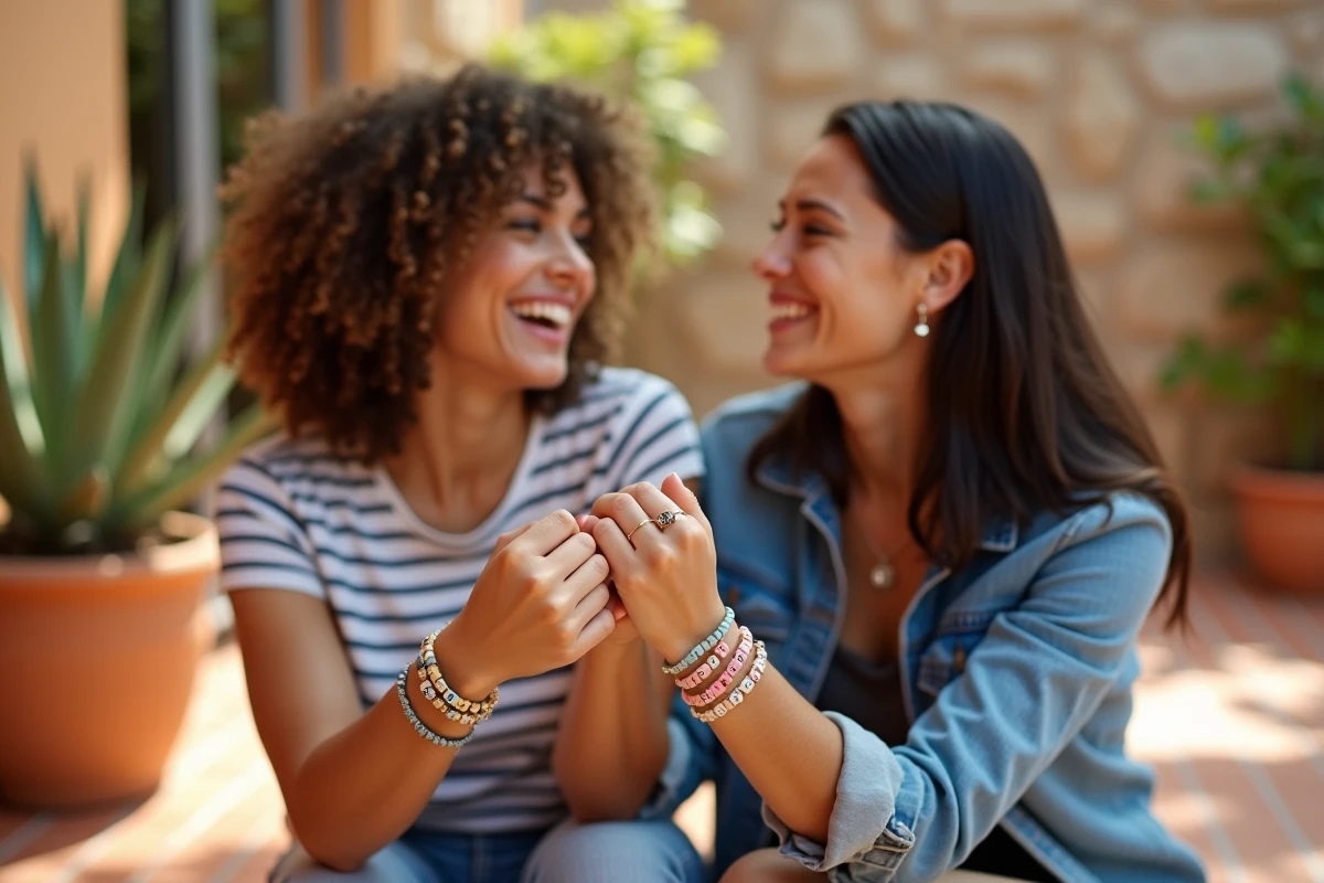 Deux amies portant des bracelets personnalisés avec perles lettres sur une terrasse ensoleillée, bijoux faits main avec kit bracelet alphabet