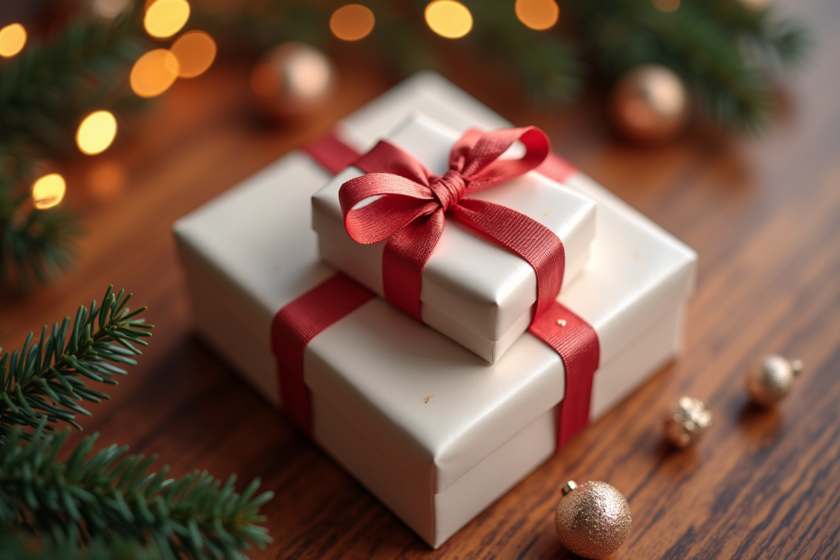 Boîtes cadeaux et cartes disposées sur une table en bois élégante
