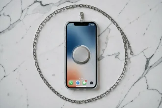Chaîne pour portable compatible coque MagSafe posée sur marbre blanc en vue de dessus