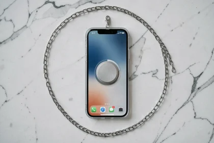 Chaîne pour portable compatible coque MagSafe posée sur marbre blanc en vue de dessus