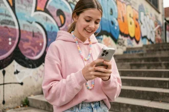 Adolescente portant une chaîne de téléphone tendance avec coque transparente autour du cou en milieu urbain