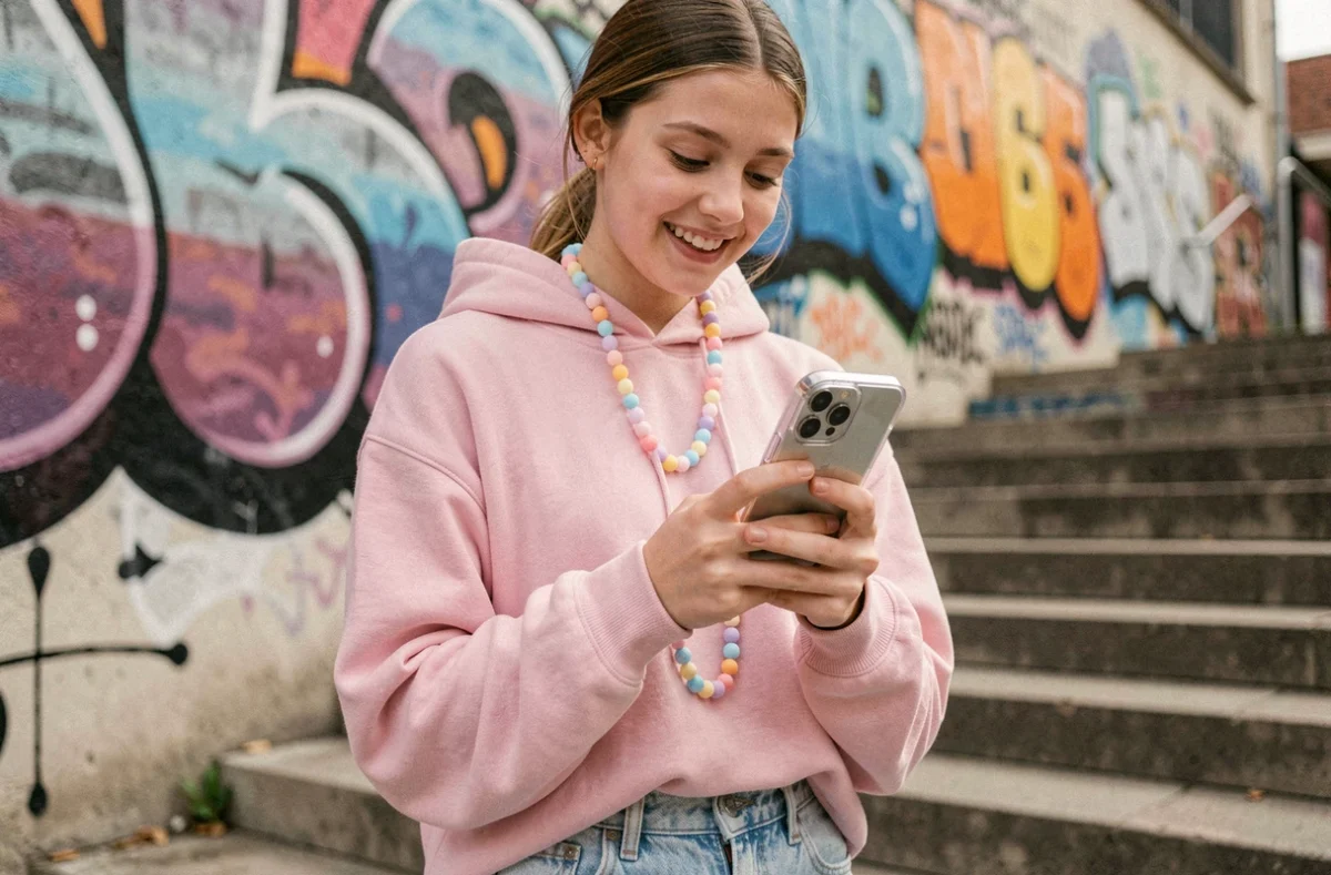 Adolescente portant une chaîne de téléphone tendance avec coque transparente autour du cou en milieu urbain