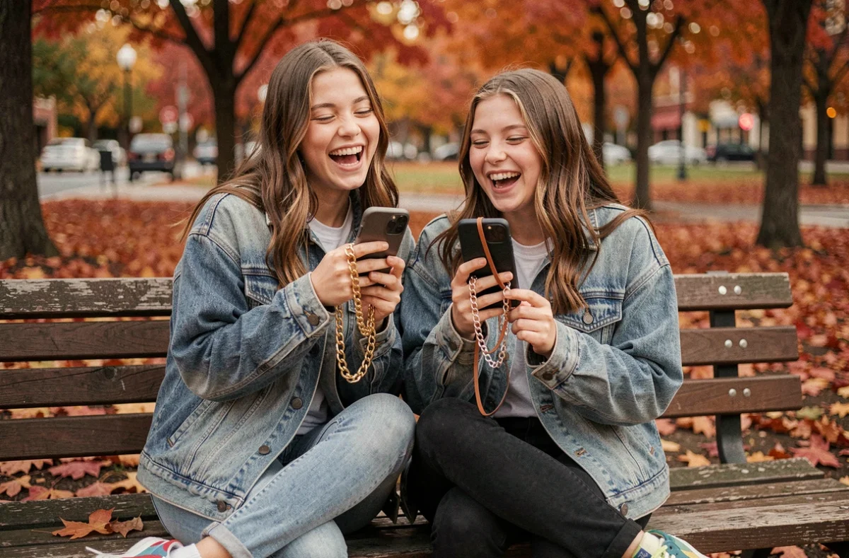 Deux adolescentes comparant leurs chaînes de téléphone tendance dans un parc en automne