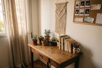 Coin bureau personnalisé dans une chambre d'adolescente avec objets décoratifs uniques, plantes succulentes et photos polaroid épinglées au mur