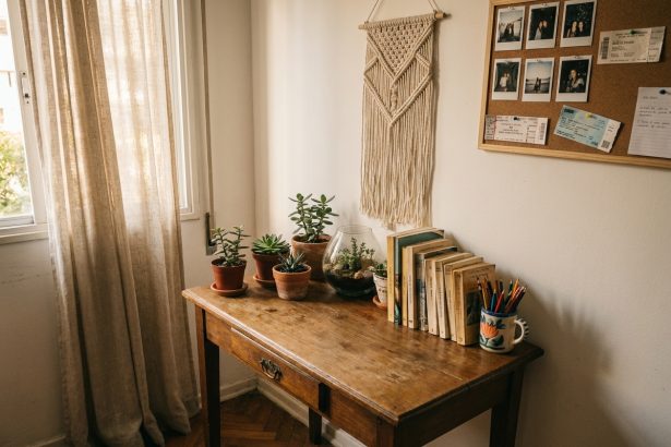 Coin bureau personnalisé dans une chambre d'adolescente avec objets décoratifs uniques, plantes succulentes et photos polaroid épinglées au mur