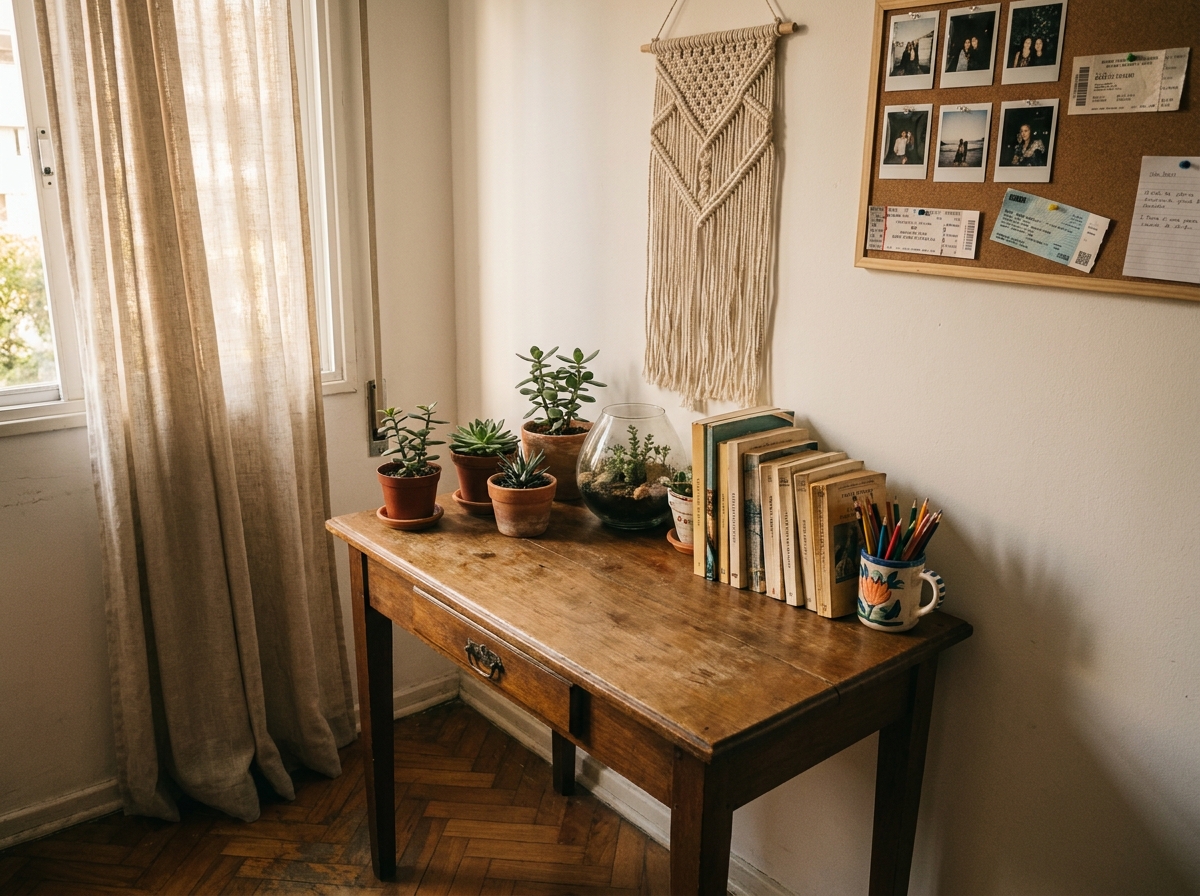 Coin bureau personnalisé dans une chambre d'adolescente avec objets décoratifs uniques, plantes succulentes et photos polaroid épinglées au mur