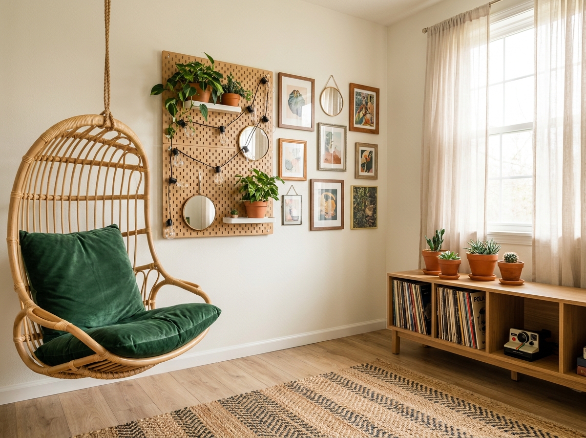 Vue d'ensemble d'une chambre d'adolescent personnalisée avec chaise suspendue en rotin, mur pegboard décoré et collection de vinyles
