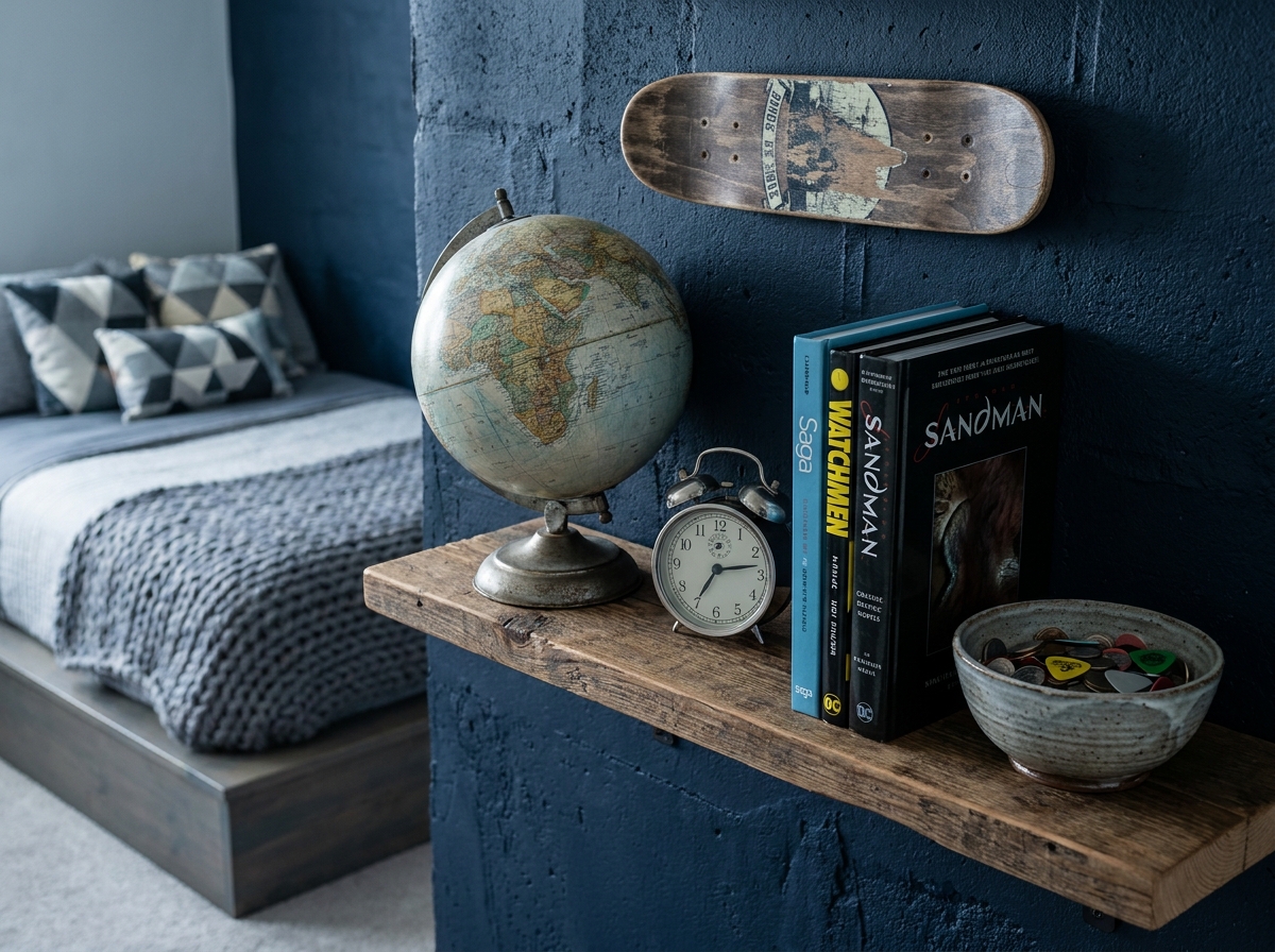 Étagère murale dans une chambre d'adolescent garçon avec objets personnels uniques, globe vintage et planche de skateboard décorative