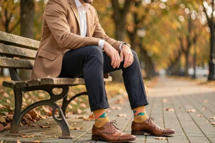 Homme en blazer beige assis sur un banc en bois montrant ses chaussettes colorées à motifs géométriques avec un pantalon marine retroussé et des chaussures Oxford en cuir marron