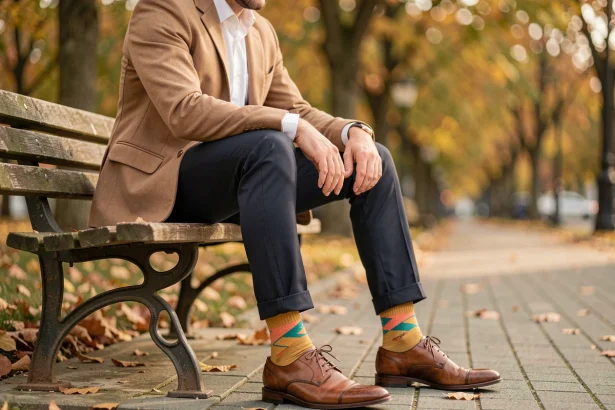 Homme en blazer beige assis sur un banc en bois montrant ses chaussettes colorées à motifs géométriques avec un pantalon marine retroussé et des chaussures Oxford en cuir marron