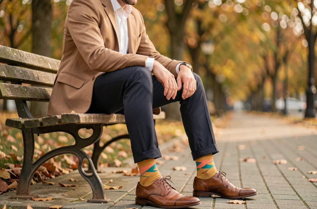 Homme en blazer beige assis sur un banc en bois montrant ses chaussettes colorées à motifs géométriques avec un pantalon marine retroussé et des chaussures Oxford en cuir marron
