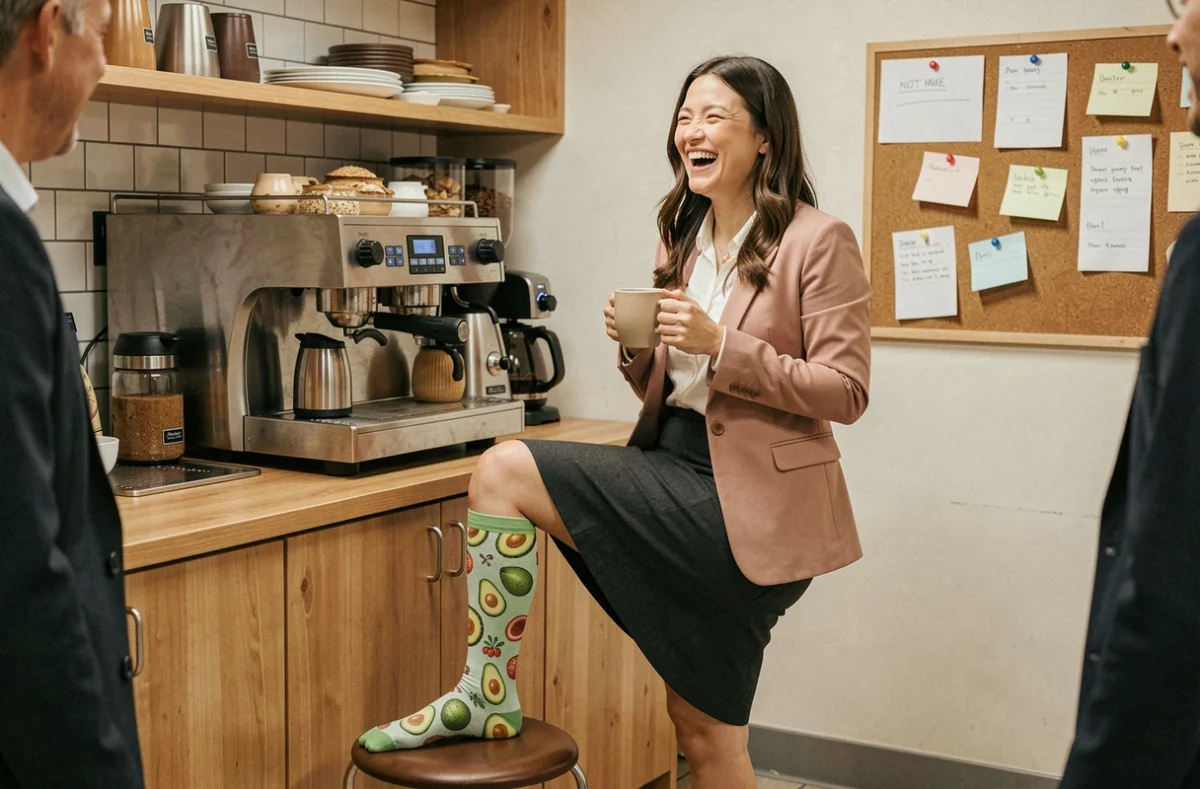Femme portant des chaussettes fantaisie motif avocats dans une salle de pause au bureau avec un blazer rose pâle