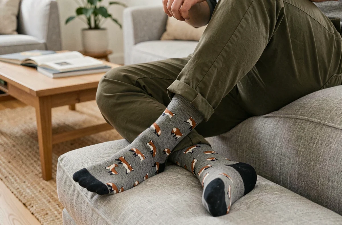 Gros plan sur des chaussettes fantaisie à motifs renards en orange rouille et marine portées avec un chino olive, pieds posés sur un canapé gris dans un salon contemporain