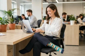 Femme au bureau montrant ses chaussettes humoristiques à motifs chats sous un pantalon de tailleur marine