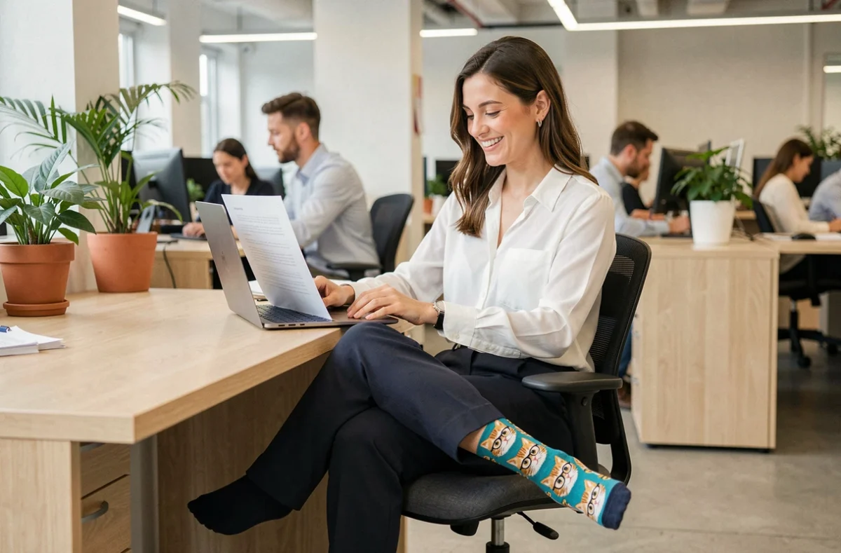 Femme au bureau montrant ses chaussettes humoristiques à motifs chats sous un pantalon de tailleur marine
