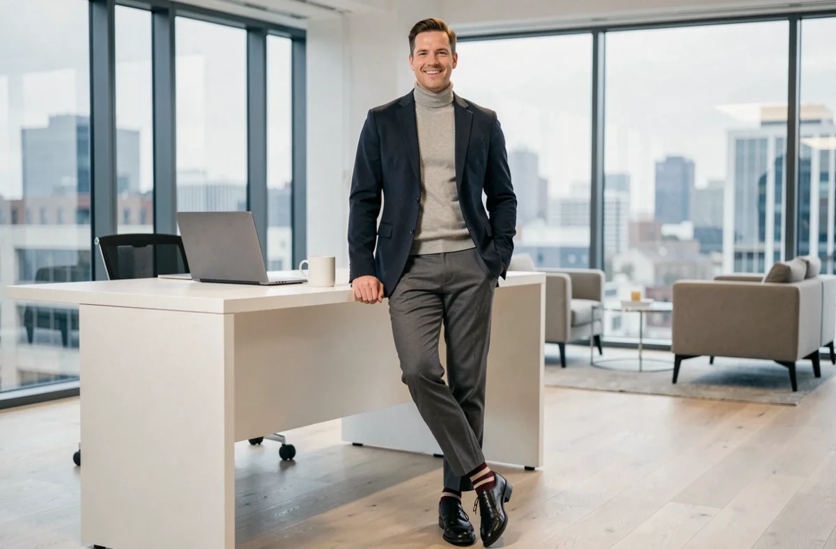 Homme en turtleneck gris et blazer sombre dans un bureau moderne, chevilles visibles révélant des chaussettes rayées bordeaux et crème avec des chaussures Derby noires