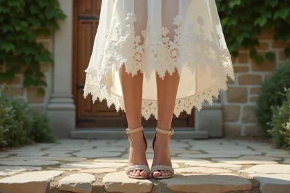 Femme en robe midi ivoire avec sandales à talons nude pour un mariage en plein air