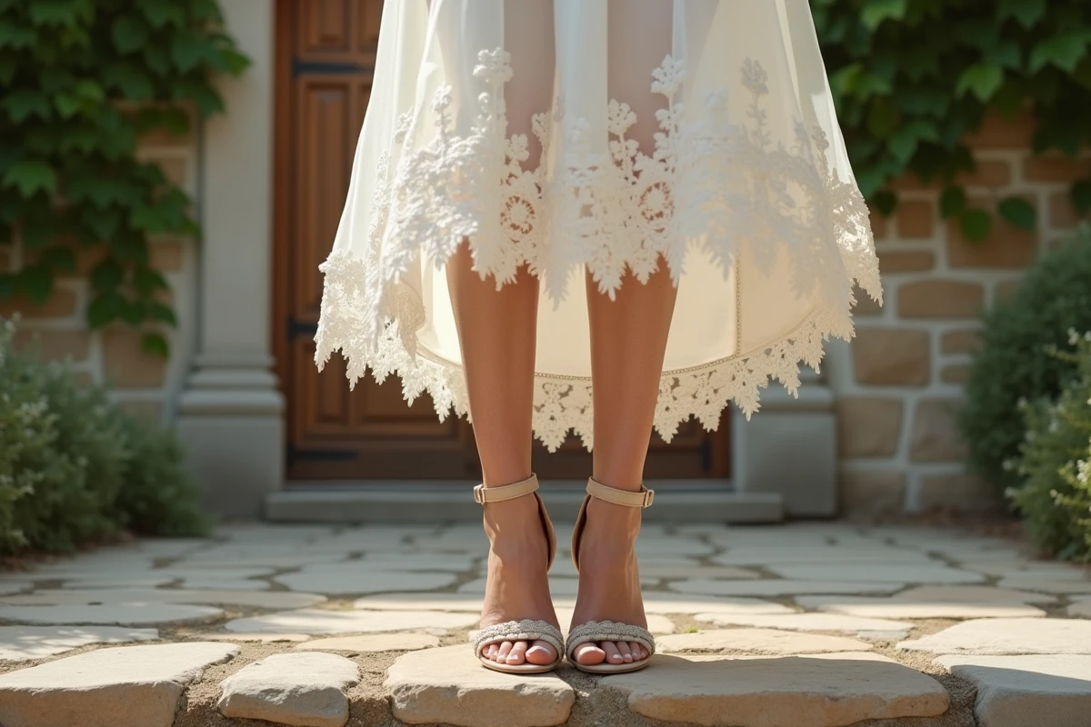 Femme en robe midi ivoire avec sandales à talons nude pour un mariage en plein air