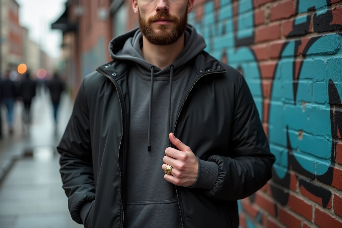 Chevalière dorée gravée portée par un jeune homme barbu en blouson bomber dans un décor urbain avec street art