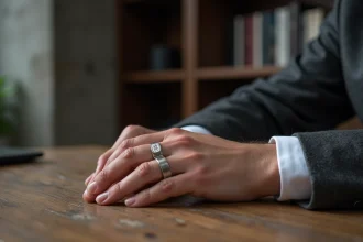 Chevalière personnalisée en argent avec monogramme gravé portée par un homme moderne en blazer gris sur bureau en chêne