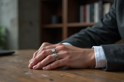 Chevalière personnalisée en argent avec monogramme gravé portée par un homme moderne en blazer gris sur bureau en chêne