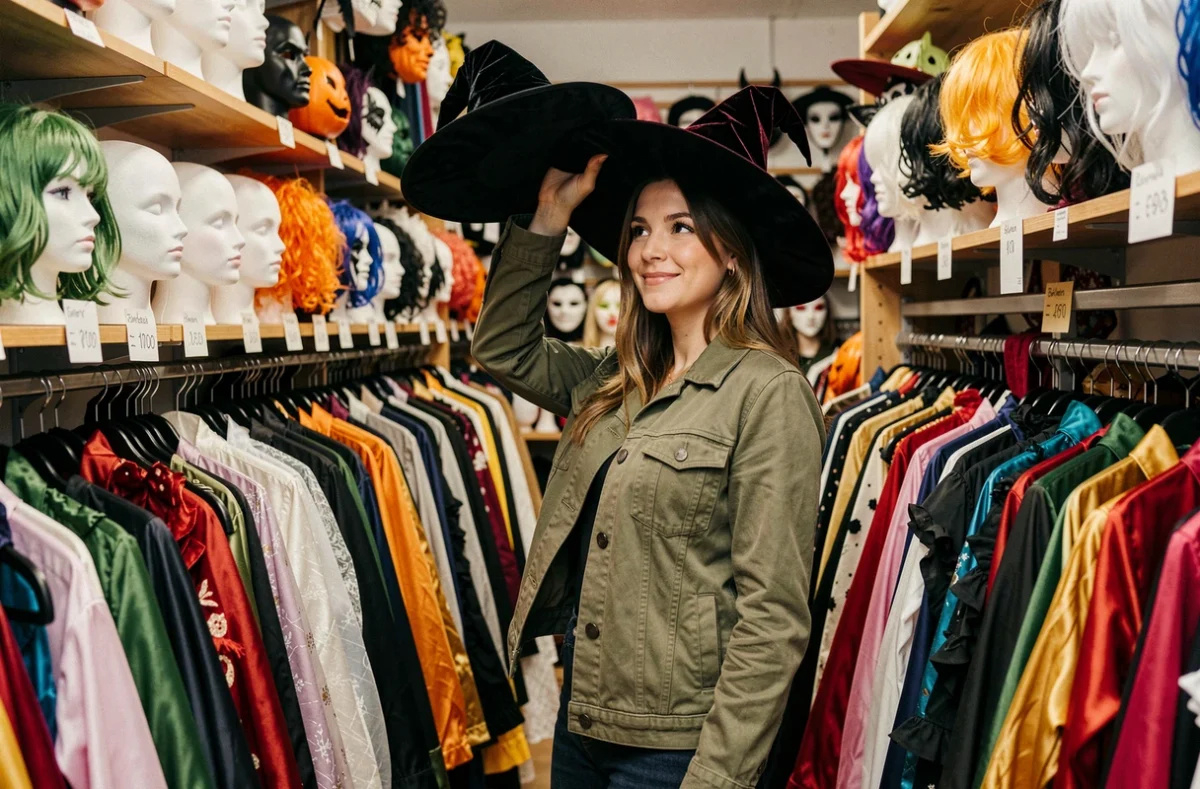 Femme parcourant les rayons de costumes d'Halloween dans une boutique parisienne, tenant un chapeau de sorcière