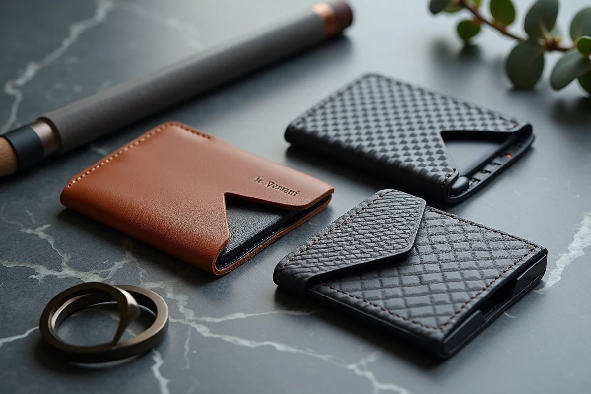 Trio de porte-cartes design pour homme en cuir cognac, fibre de carbone et titane noir sur marbre gris, collection accessoires luxe